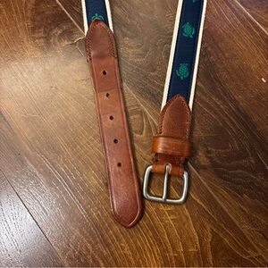 J. Crew Navy Webbed Belt with Brown Leather Trim and Green Turtle Embroidery